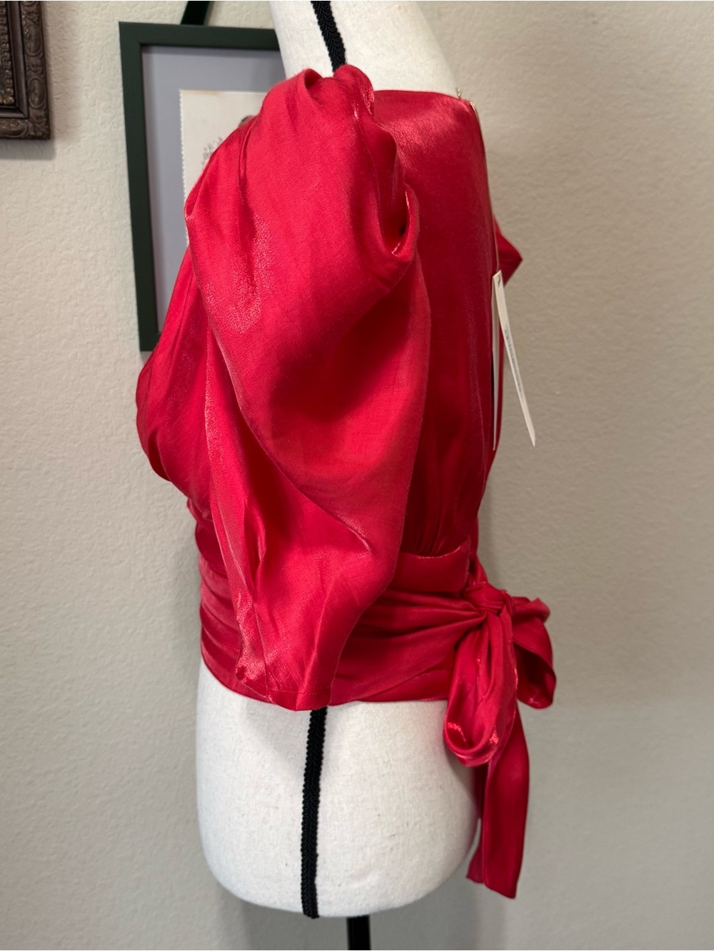 CIEBON | Farrah Shimmer Satin Red Puff Sleeve Shirt Blouse XS NWT - Picture 9 of 16